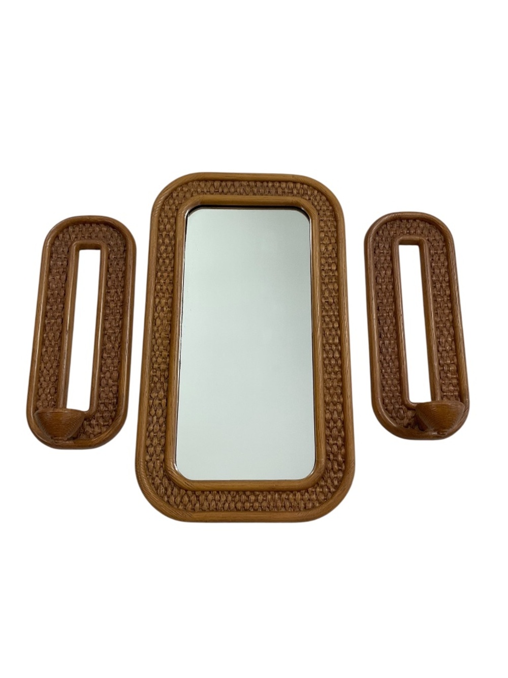 Vintage 1976 HOMCO Syroco Faux Rattan Mirror & Candle Sconce 3 Piece Wall Set